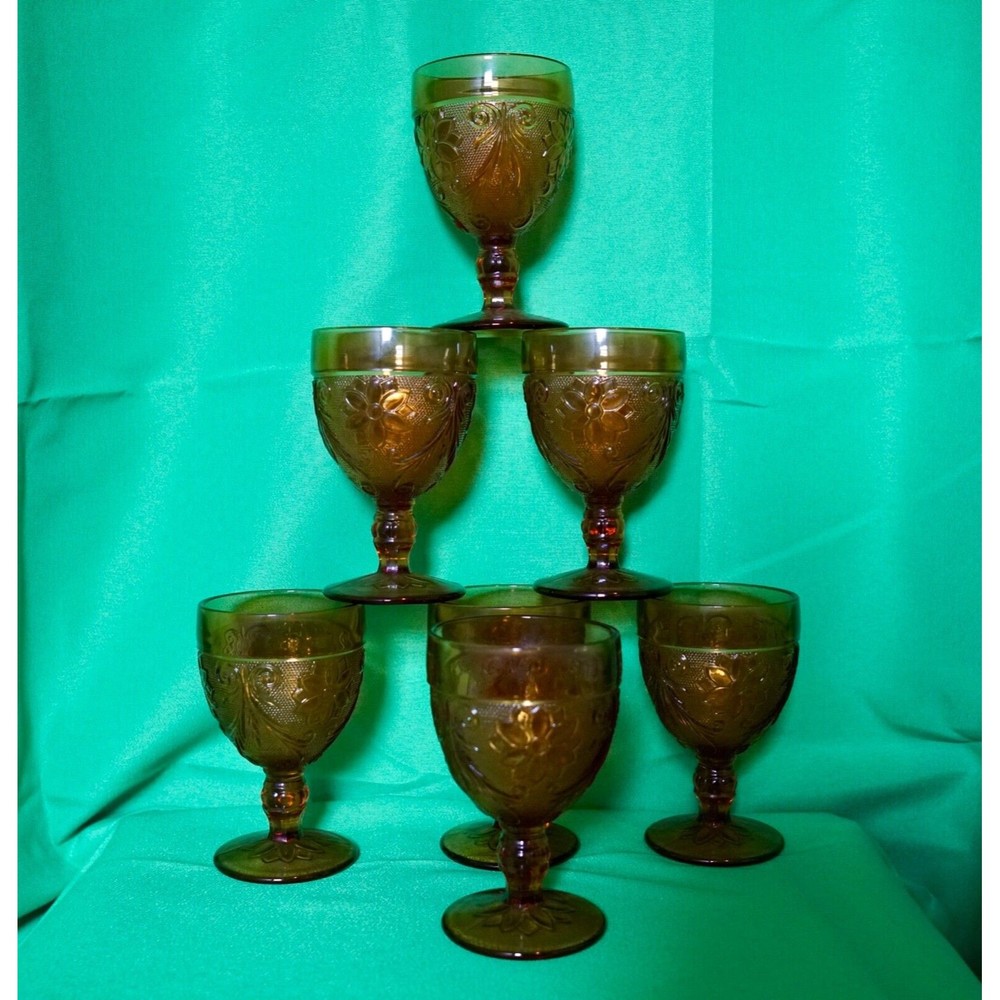 Set of 6 Tiara Indiana Amber Glass 8oz Wine Goblets Glasses